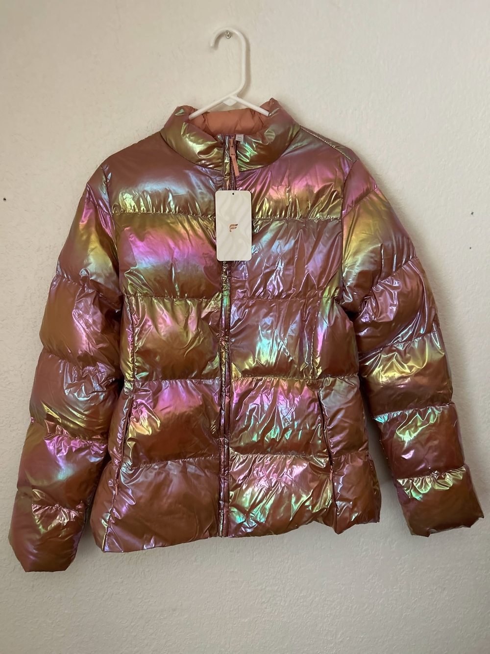 Fabletics Iridescent Pink-Gold Quilted Puffer Jacket